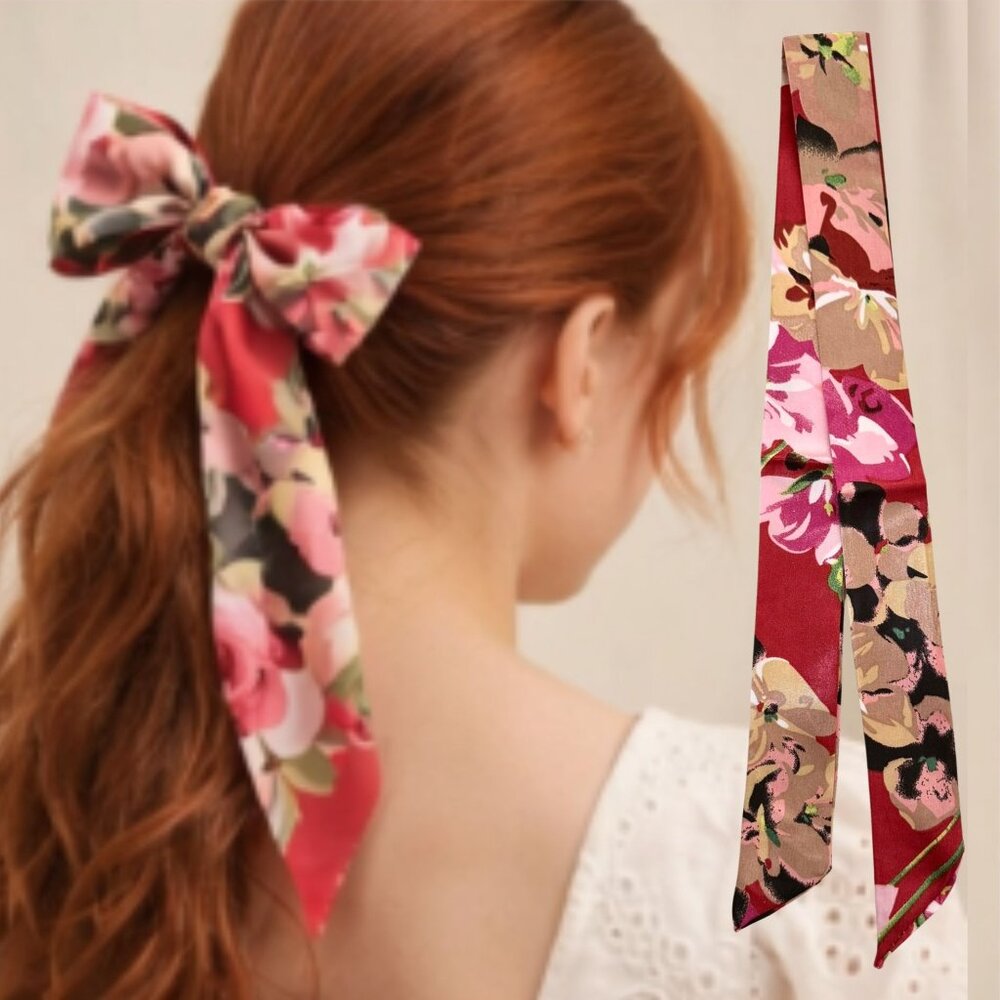 Slim Scarf Floral 32 Inch Pink Red Tan Cottagecore Romantic Hair Neck Bag Hat